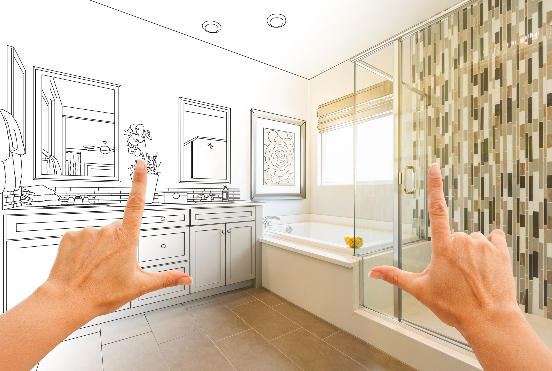 Hands Framing Custom Master Bathroom Drawing and Photo Gradation